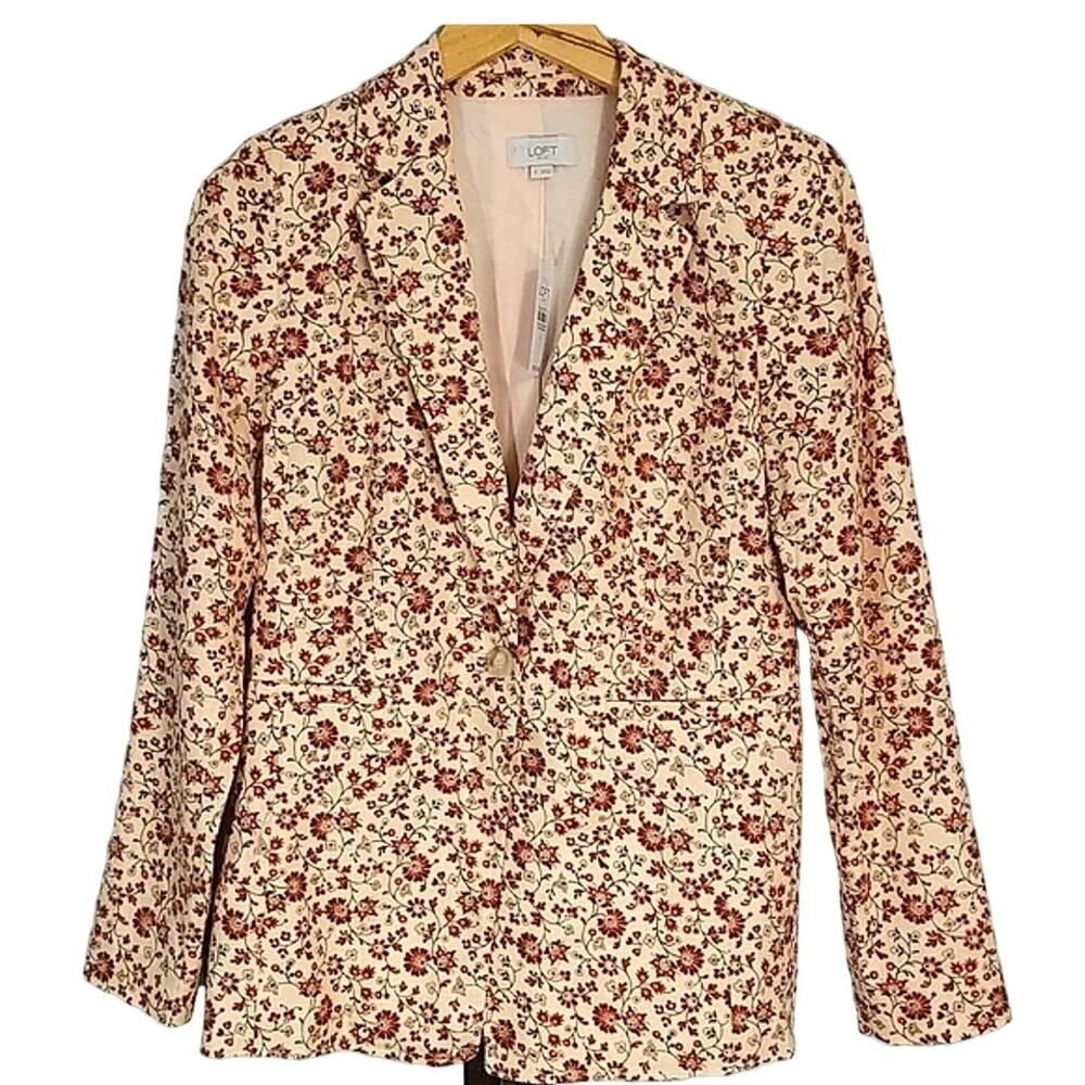 LOFT NWT Floral Linen Blend Blazer Jacket Pink Brown Single Button Women Size 0